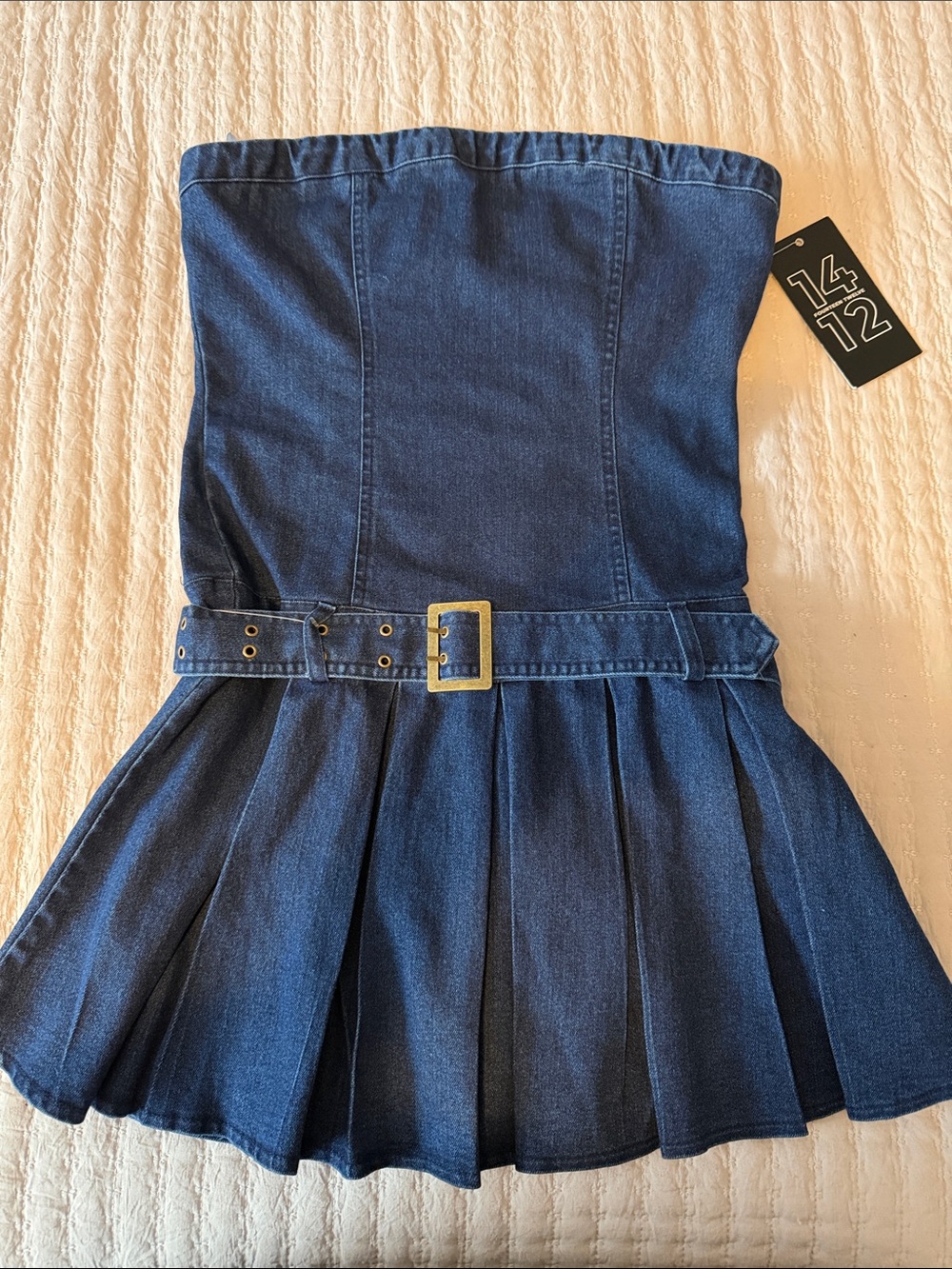 14 12 Darling & Sexy Strapless Dark Denim Pleated Mini Dress w/ Belt Med 😍